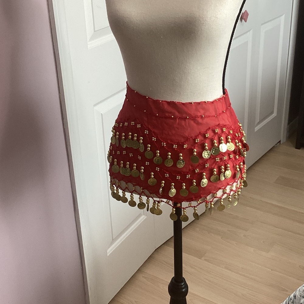 Red Belly Dance Hip Scarf with Gold Coins
